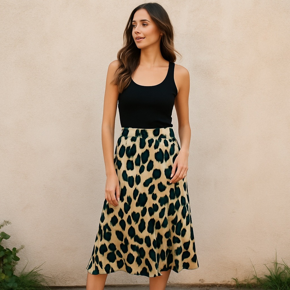 Easel NWT Tan Teal Leopard Print Silky Midi Skirt Boutique Lightweight S M L